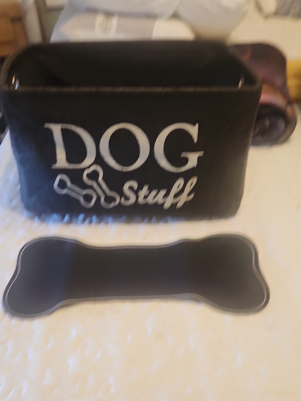 Black Pet Storage Bin and Bone-Shaped Placemat